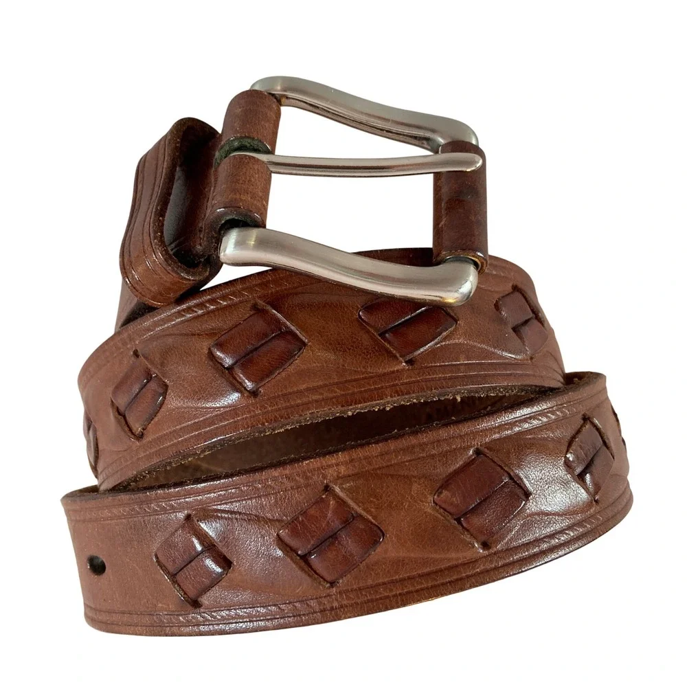 Amanda Smith Brown Genuine Leather Belt Braided Woven Silver Tone Buckle‎ Size L